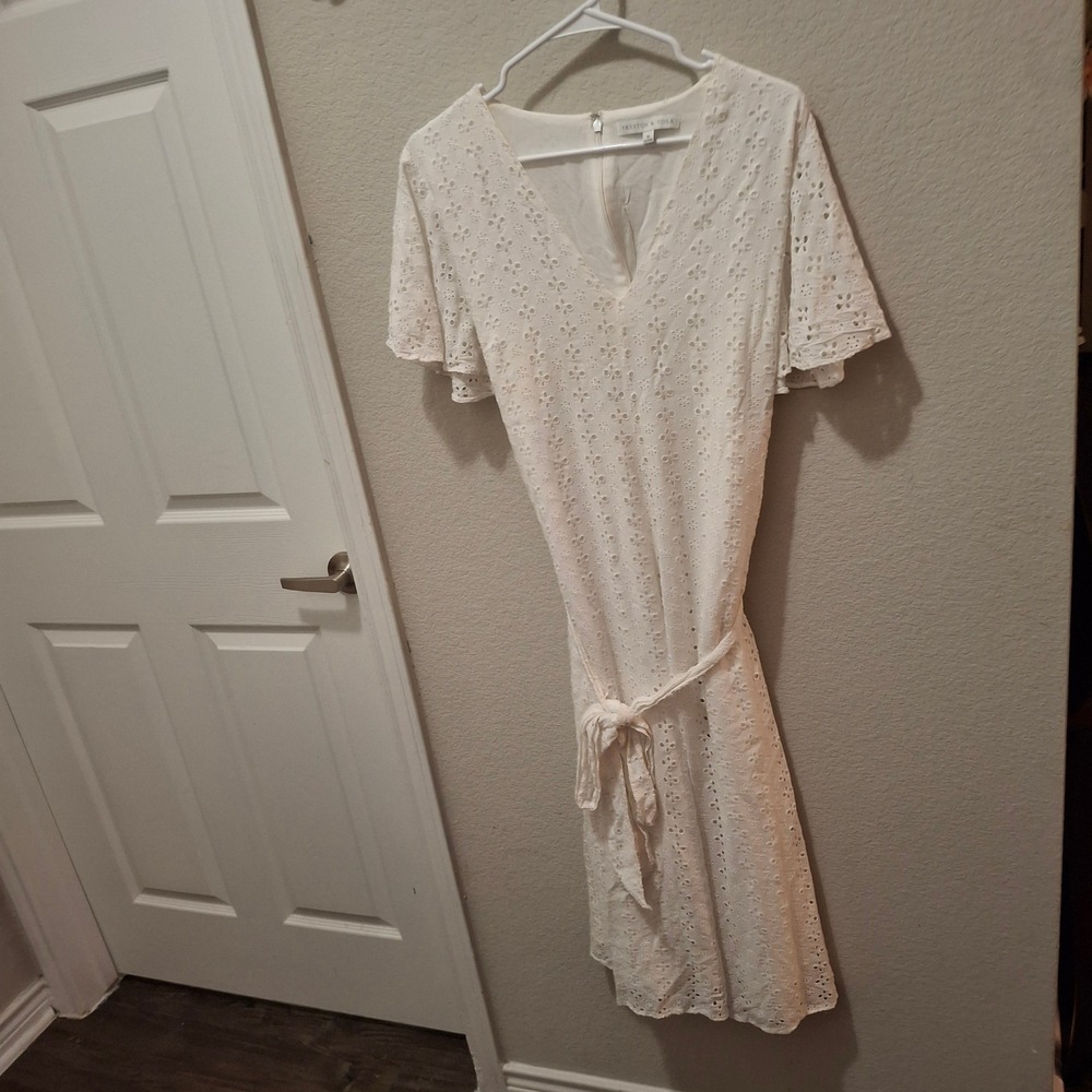 PRESTON & YORK White Eyelet Lace‎ Midi Dress Belted Flutter Sleeve Size 18